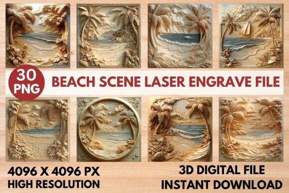 Beach Scene Laser Engrave File: Premium 3D Grayscale PNG