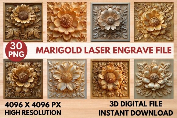Marigold Laser Engrave File: Premium PNGs for 3D Engraving